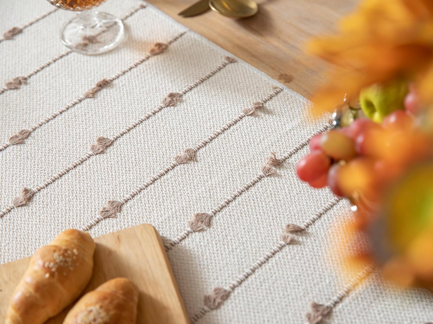 ALSTONIA Luxurious 100% Natural Pure Cotton Handmade Heat Resistant Table Runner with Tassels for 6 Seater Dining Table Self Designer Pattern -Pack of 1 (Beige & White,14"x72") 2