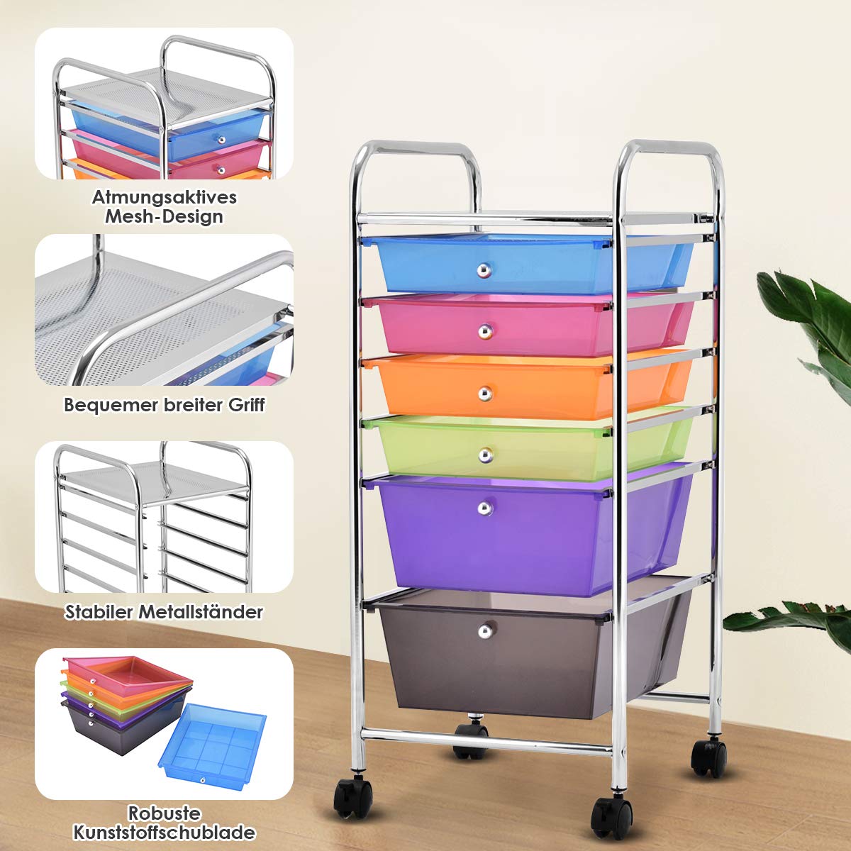 GOPLUS Rollwagen mit 6 Schubladen, Rollregal Farbig, Küchenwagen mit Rädern, Beistellwagen Haushaltswagen Rollcontainer Badrollwagen Badtrolley Badregal