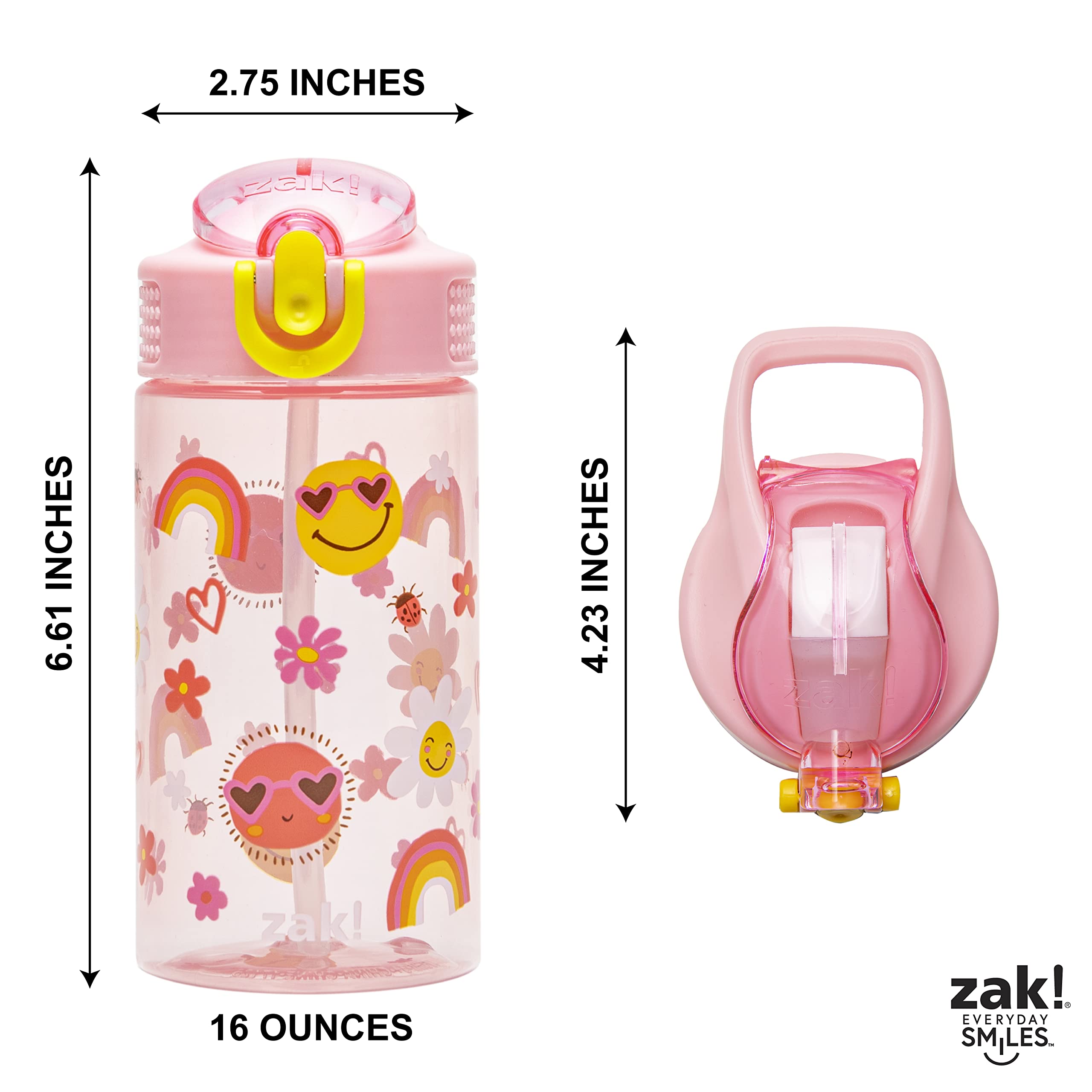 Zak Designs Botella de agua para niños para la escuela o viajes, botella de agua de plástico duradera de 16 onzas con pajilla, asa y a prueba de fugas, cubierta de boquilla desplegable (Sunny Smiles)