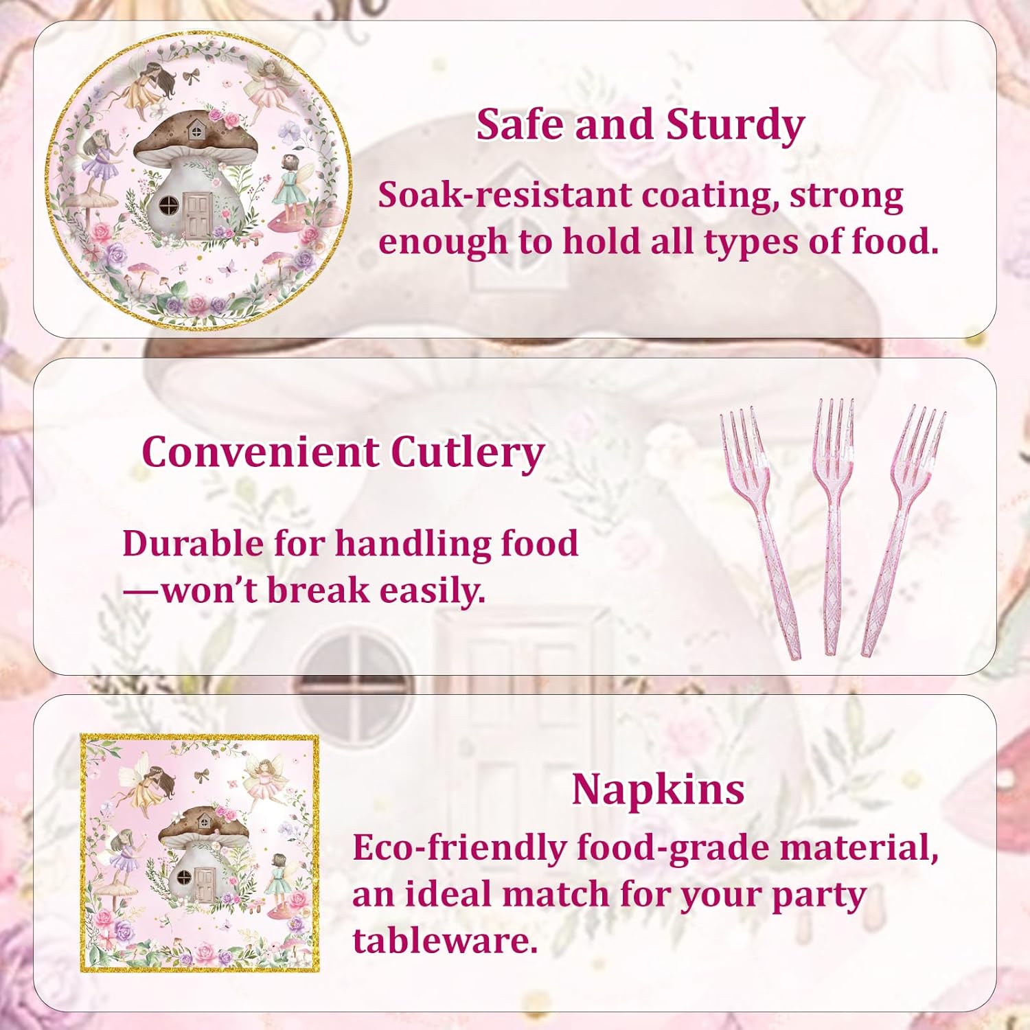 192 Pcs Fairy Party Tableware Set (Serves 48 Guests), Plates, Napkins, Forks, Enchanted Garden Theme for 1st Birthday, Baby Shower, Girls Fairy Party Decorations - Image 3