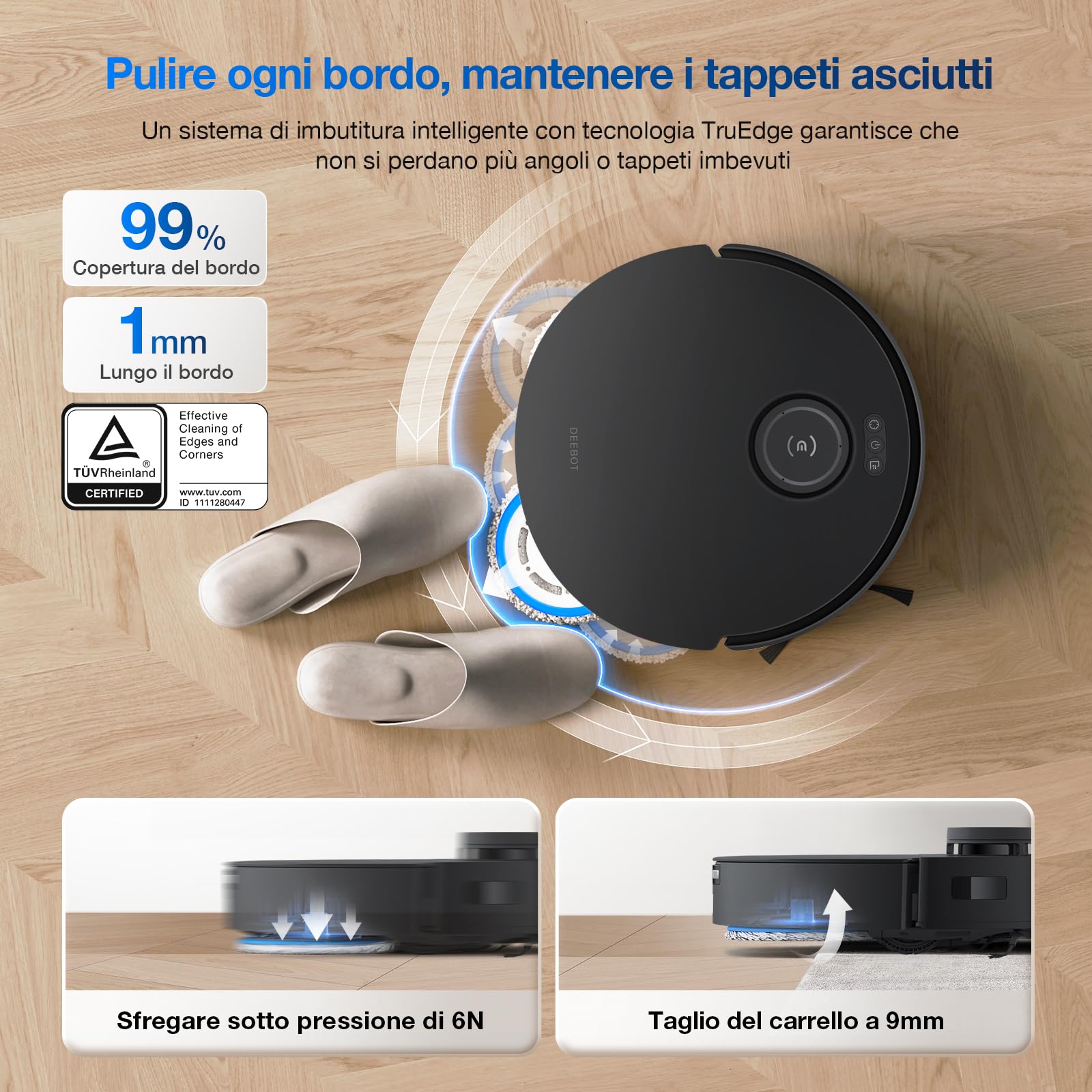 ECOVACS T30S COMBO COMPLETE Robot Aspirapolvere Lavapavimenti con Stazione Tutto-in-Uno, Moci Estensibili TrueEdge, 11000Pa, Tecnologia ZeroTangle, Lavaggio con Acqua Calda a 70℃, Sollevamento Moci