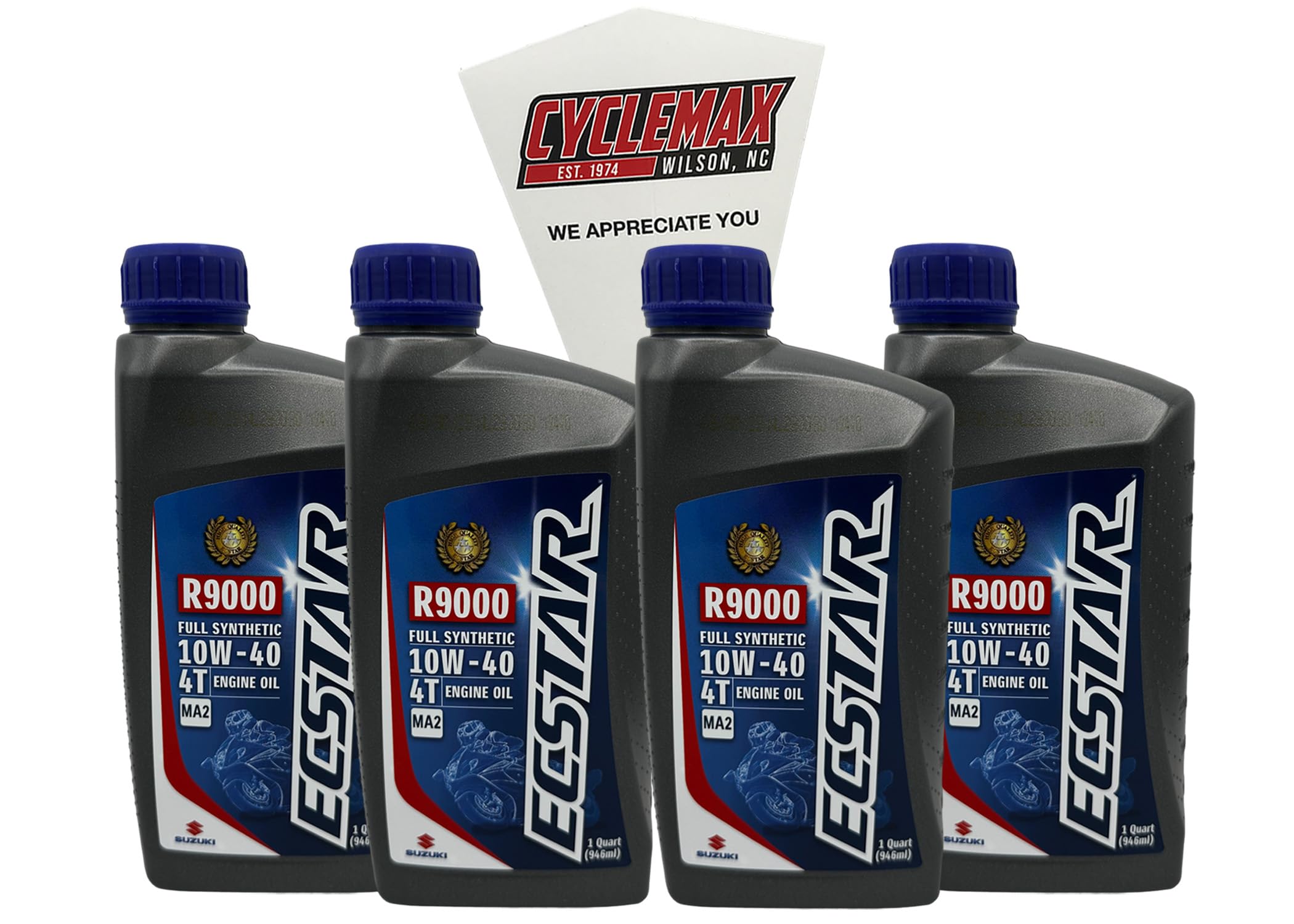 Four Pack compatible with Suzuki Ecstar R9000 Full Synthetic Engine Oil 10w40 990A0-01E40-01Q Contains Four Quarts and a Funnel
