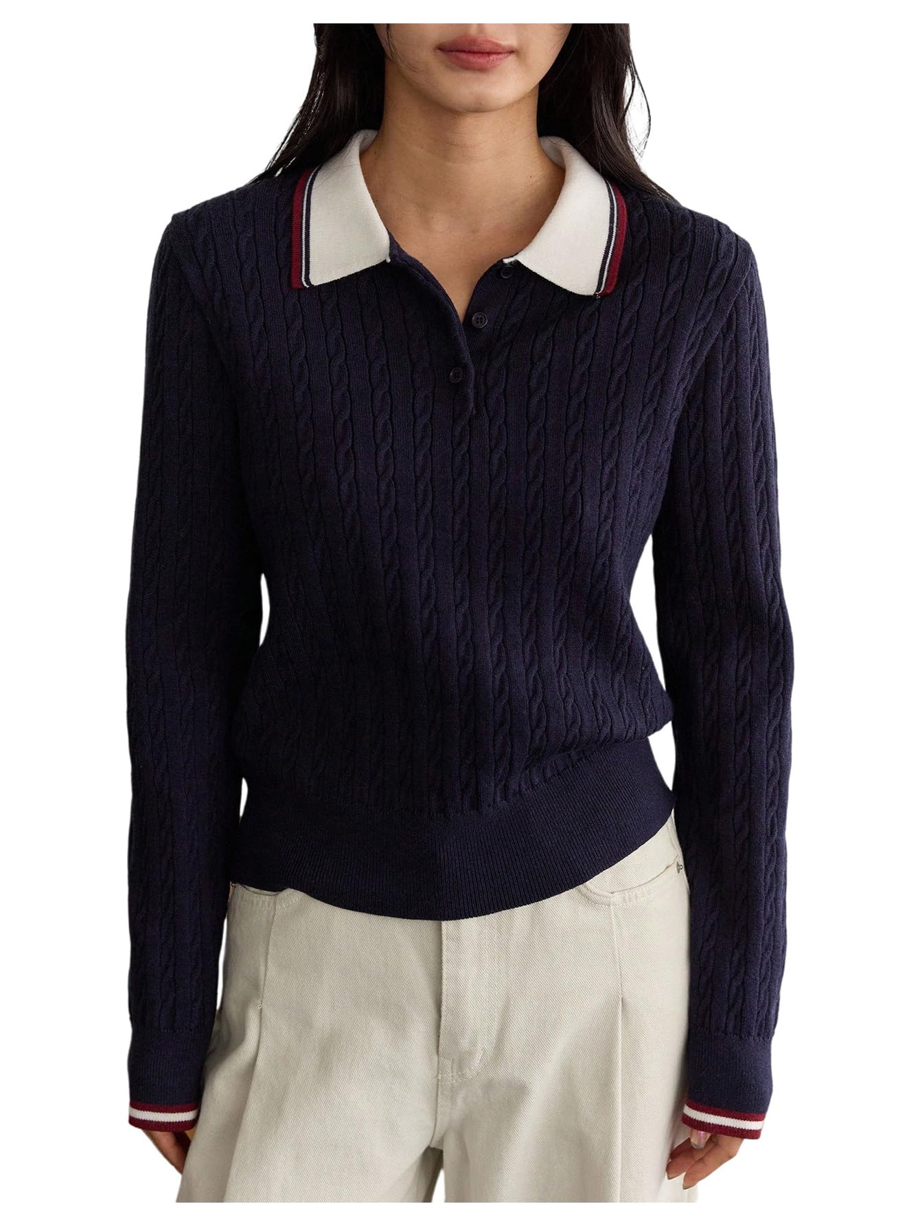 Womens Collared Cable Knit Sweaters Long Sleeve Button Down Pullover Sweaters