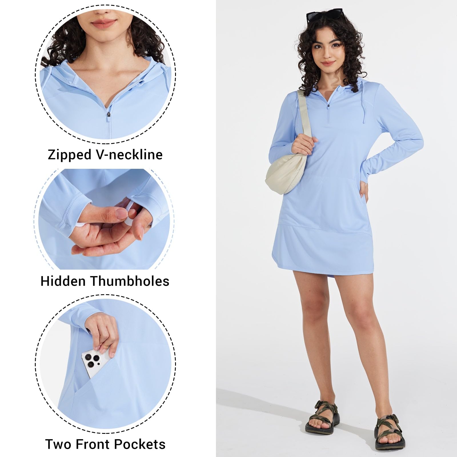 Willit Vestido de natación con Capucha UPF 50+ para Mujer, Manga Larga, Secado rápido, SPF, Azul, XXL