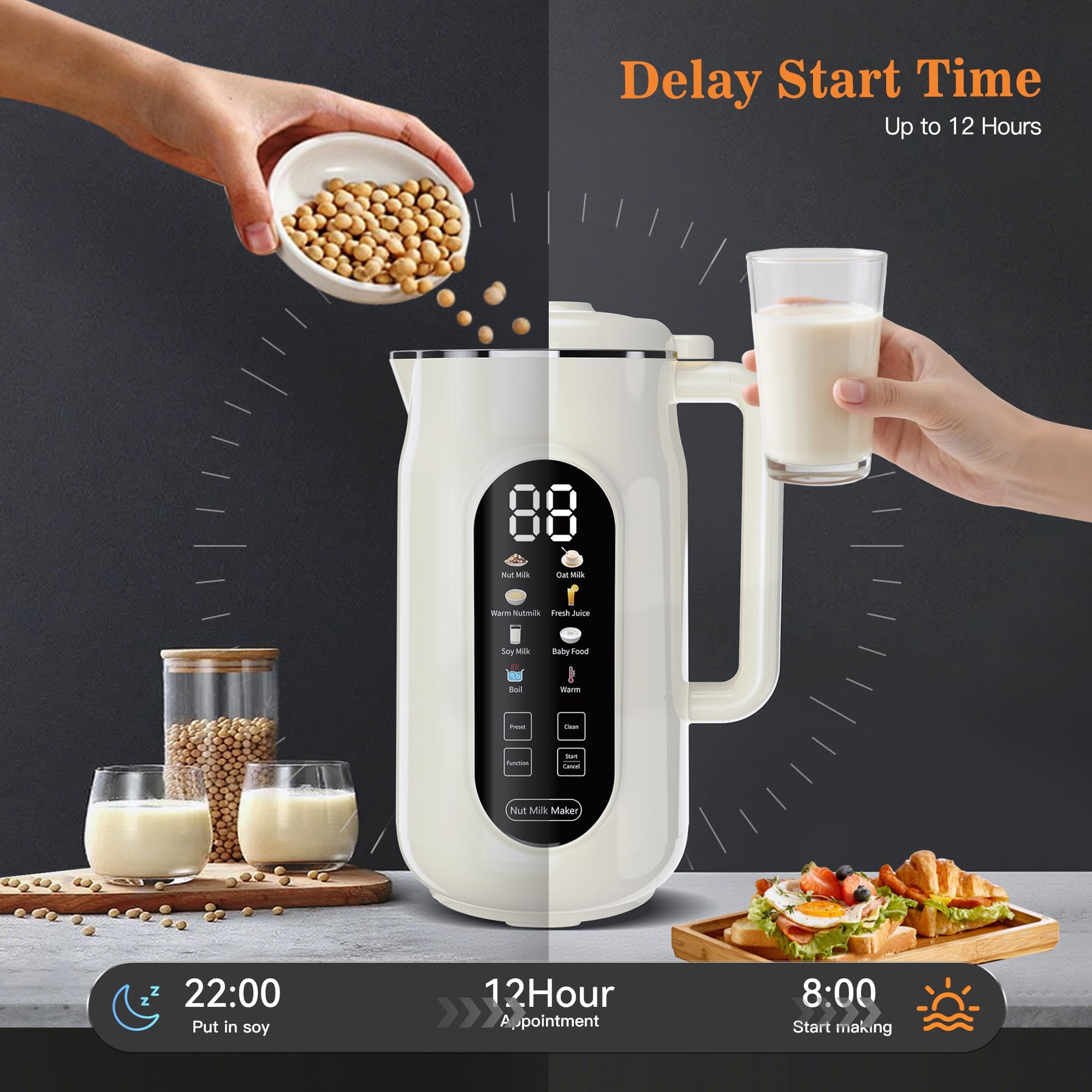 Maszyna do robienia mleka orzechowego, automatyczny blender ze stali nierdzewnej o pojemności 1,2 l z ekranem LED, timerem 12-godzinnym i automatycznym czyszczeniem, do mleka owsianego z nerkowców