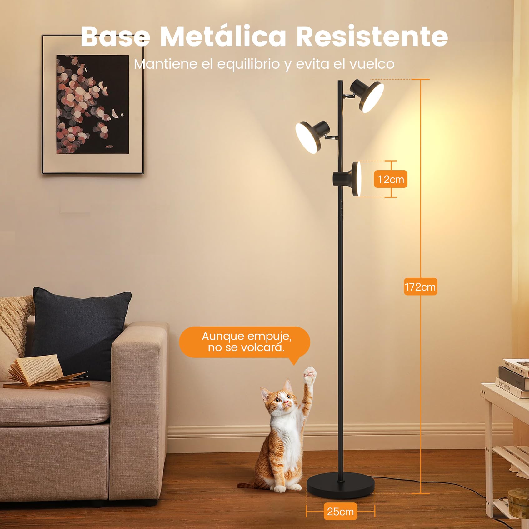 SIBRILLE Lampara de Pie Salon 36W/2500LM, Lámpara de Pie LED Regulable con Mando a Distancia & Control Táctil, 4 Temperaturas de Color, 3 Luces Giratorias Luz de Pie para Salón, Habitación y Oficina
