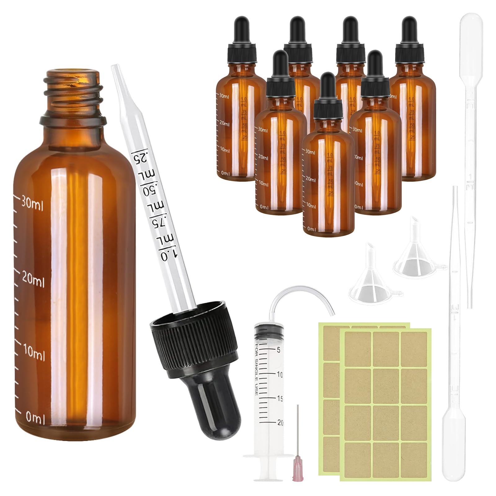 ZHXGO 8Pcs Amber Glass Dropper Bottle with Scale, 30ml Refillable Glass Dropper Bottles with Pipette Funnels Syringe Labels, Pipette Dropper Bottle for Essential Oil Massage Aromatherapy