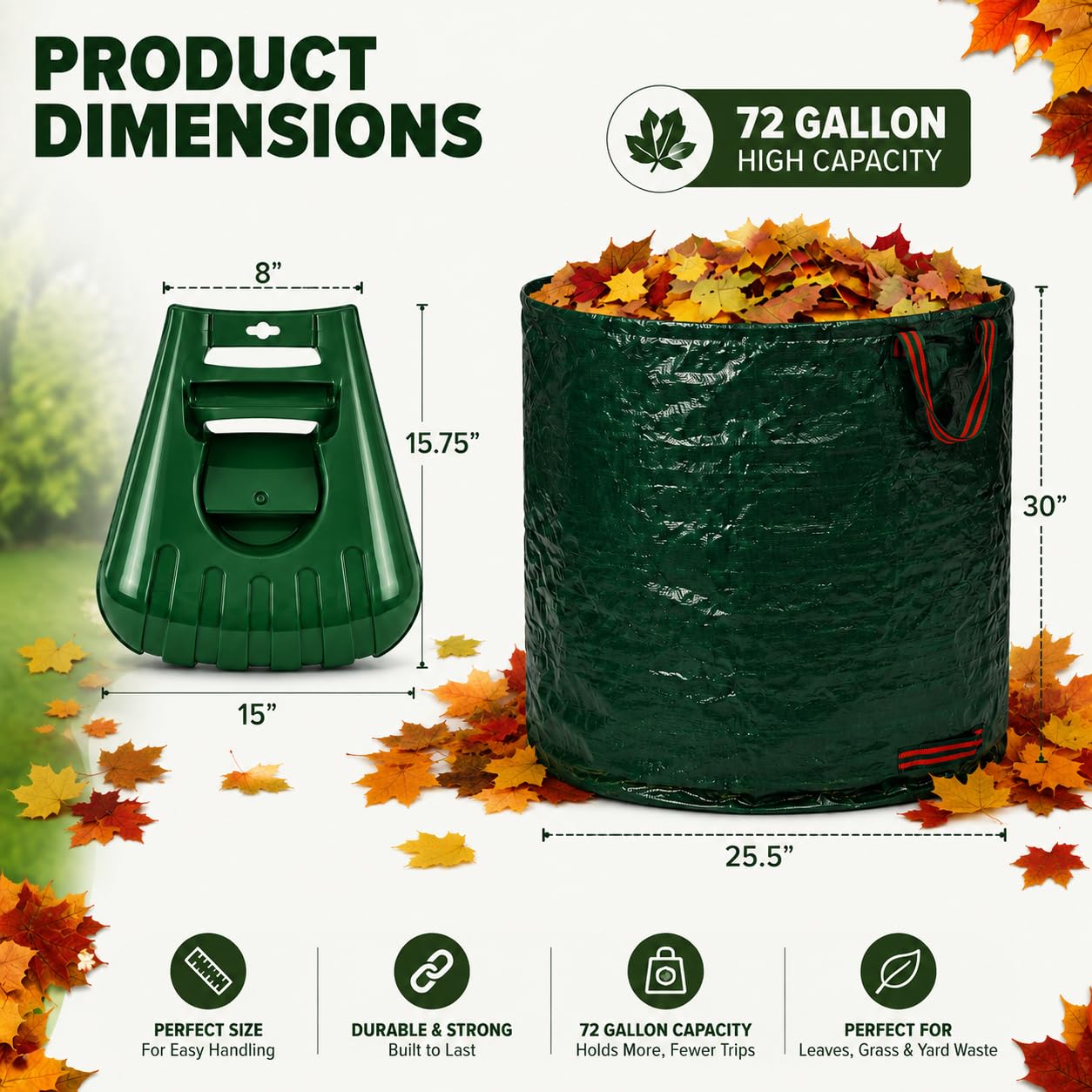 Gardenised Sac à feuilles pliable et robuste de 280 litres avec poignée et pelle robuste pour feuilles – Râteau portable pour couper l'herbe de cour, ramasse-débris de jardin pour l'entretien de la