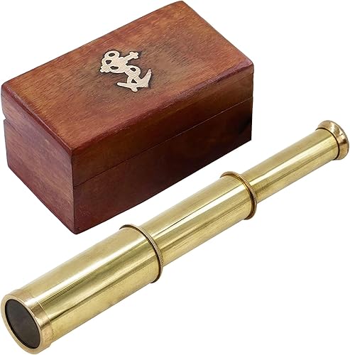Mythrojan Mini telescopio pirata Spyglass Telescopio de mano plegable de latón con caja de madera, pequeño telescopio vintage, telescopio decorativo