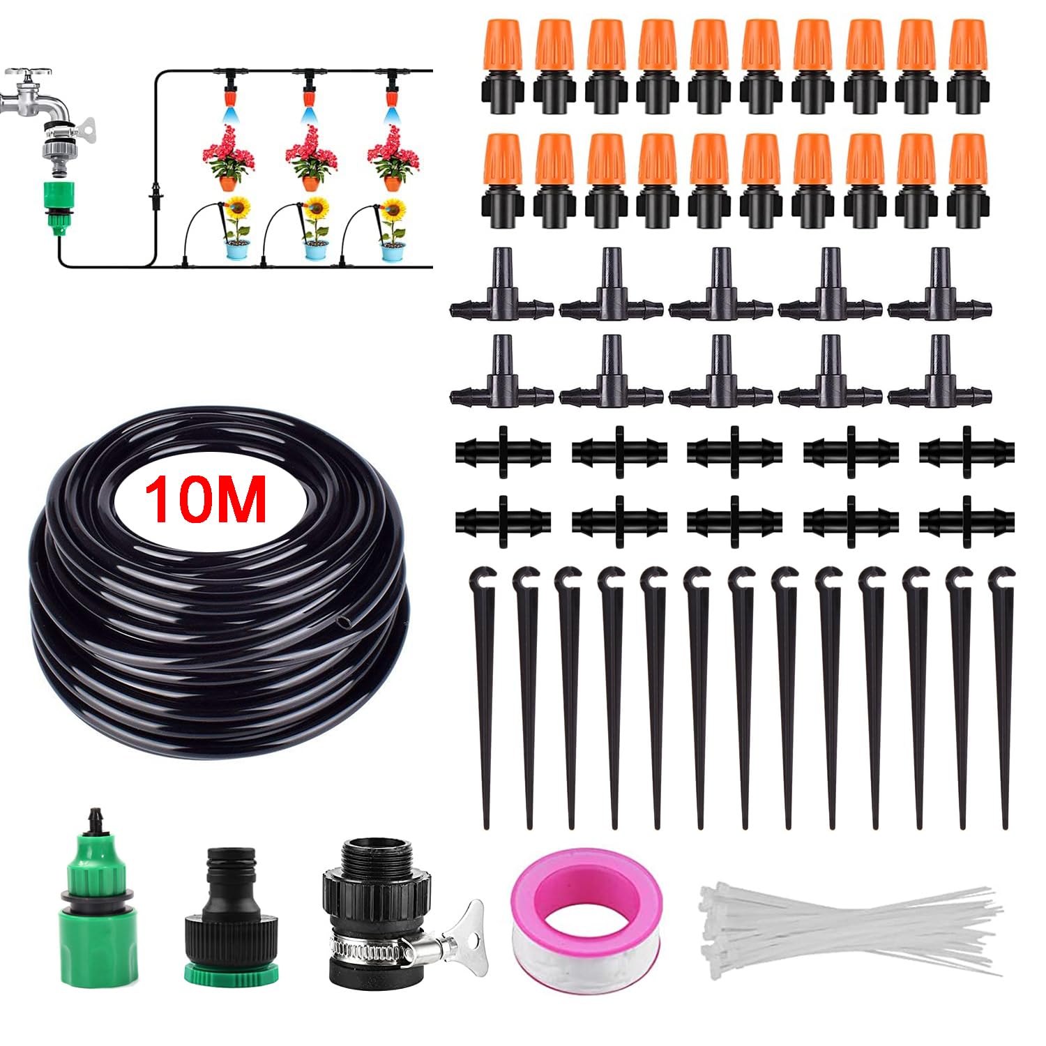 UCLEVER 104pcs Micro Drip Irrigation Kit, Garden Irrigation DIY System Adjustable Nozzle, Automatic Watering Kits for Garden, Greenhouse, Lawn, Patio,Terrace Plants (10M 104pcs)