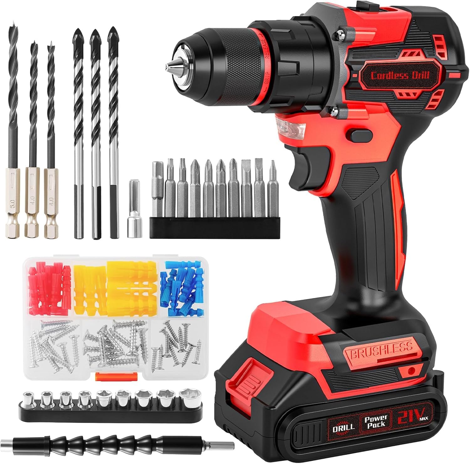 Perceuse Visseuse Sans Fil Brushless 21V KELNOW, Perceuse Percussion 60 Nm, Batterie 2,0 Ah, Mandrin Métal 10 mm, 2 Vitesses 25+3 Couples, Visseuse Dévisseuse avec 87 Accessoires Bricolage (Rouge)