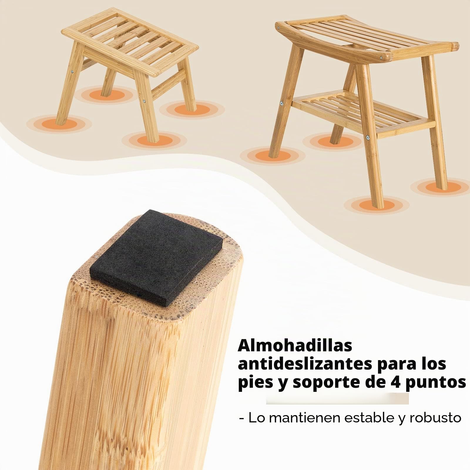 RELAX4LIFE Banco de ducha con reposapiés de bambú, banco con estante, asiento de baño con pies antideslizantes, soporta hasta 150 kg, ayuda para el baño para mujeres embarazadas y mayores, color