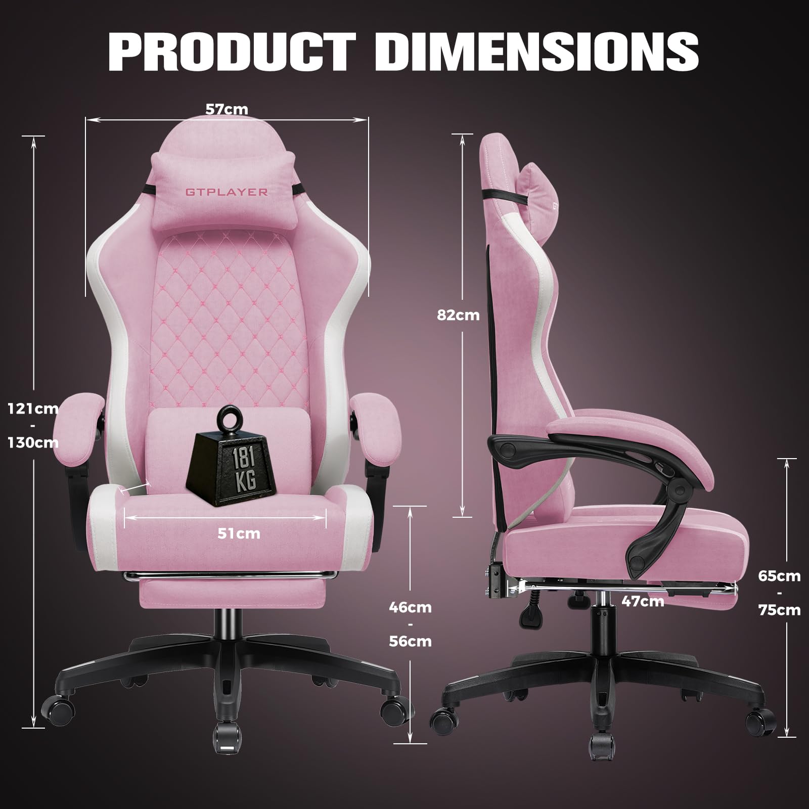 GTPLAYER Silla de Gaming ergonómica, Silla de Oficina de Tela Transpirable, Grande y Alta, giratoria, con reposapiés, Soporte Lumbar Regulable y reposacabezas, Rosa