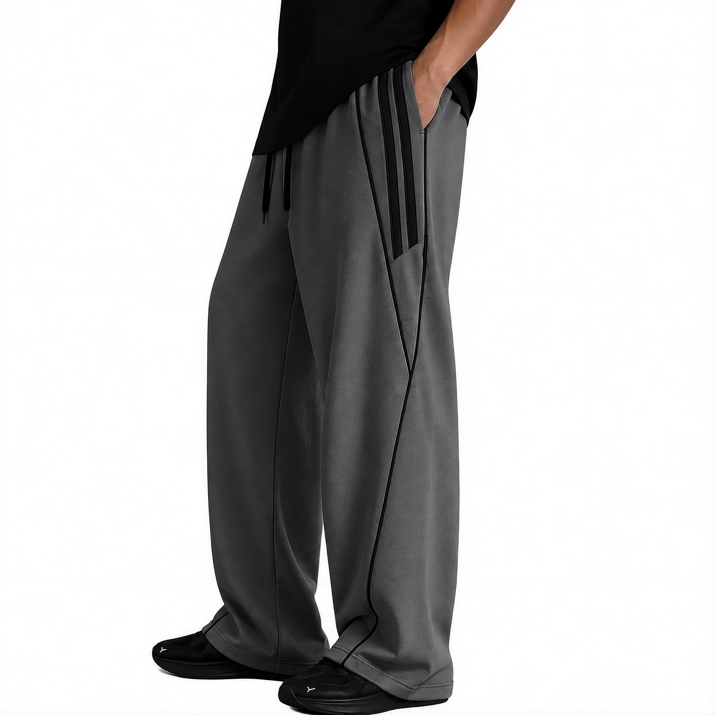 trendbull Men's Cotton Fleece Wide-Leg Track Pant, Relaxed Loose Fit Joggers with Elastic Waist, Drawcord, Double Tape Detail, Contrast Black Piping-picture-41