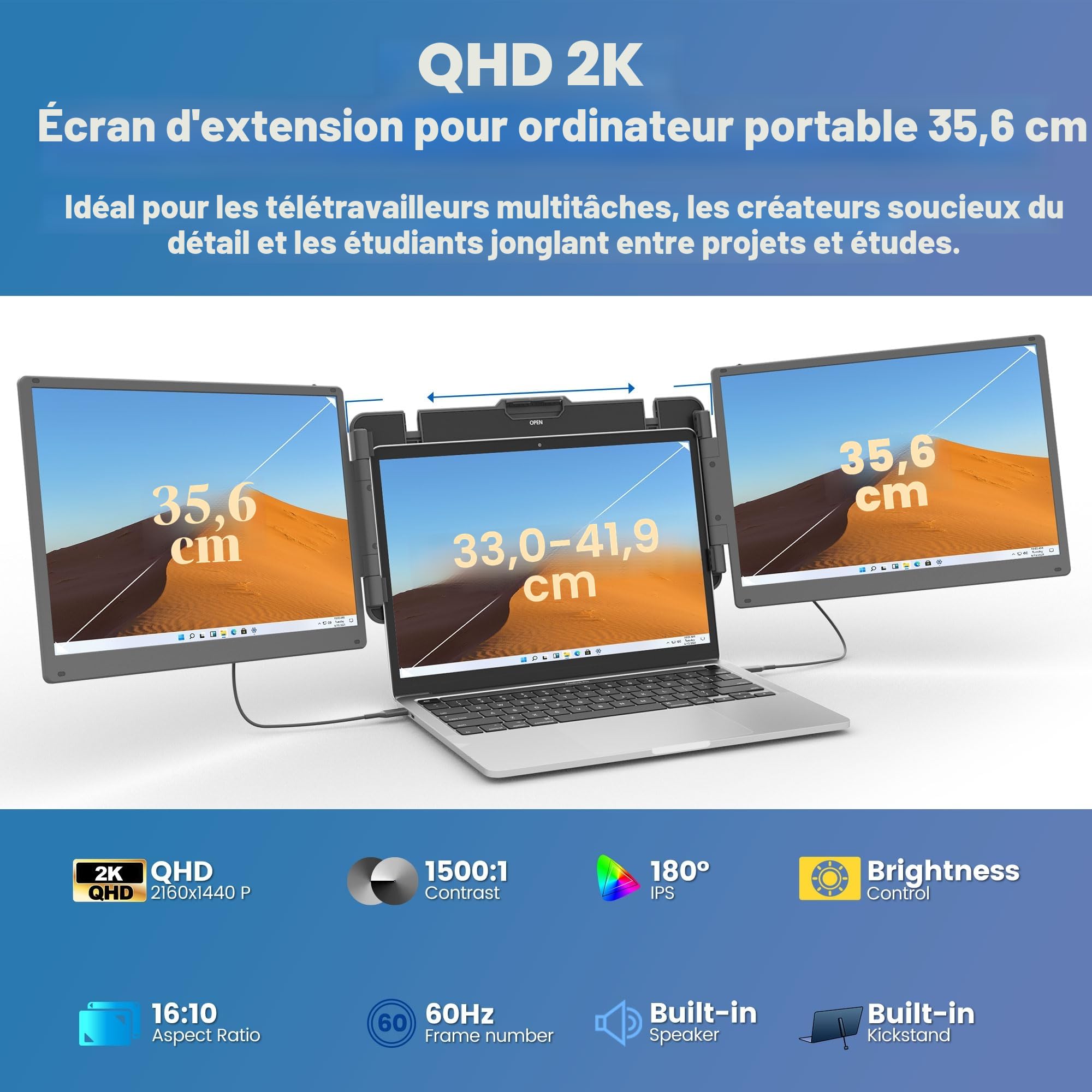 KEFEYA 2K Écran Portable 2160P 2160x1440P QHD, Moniteur Portable 14" Plug & Play Triple Moniteur Ordinateur Portable Rapport Contraste 1500:1 pour Windows, Mac, Chrome, Android avec 13.3 "-17"