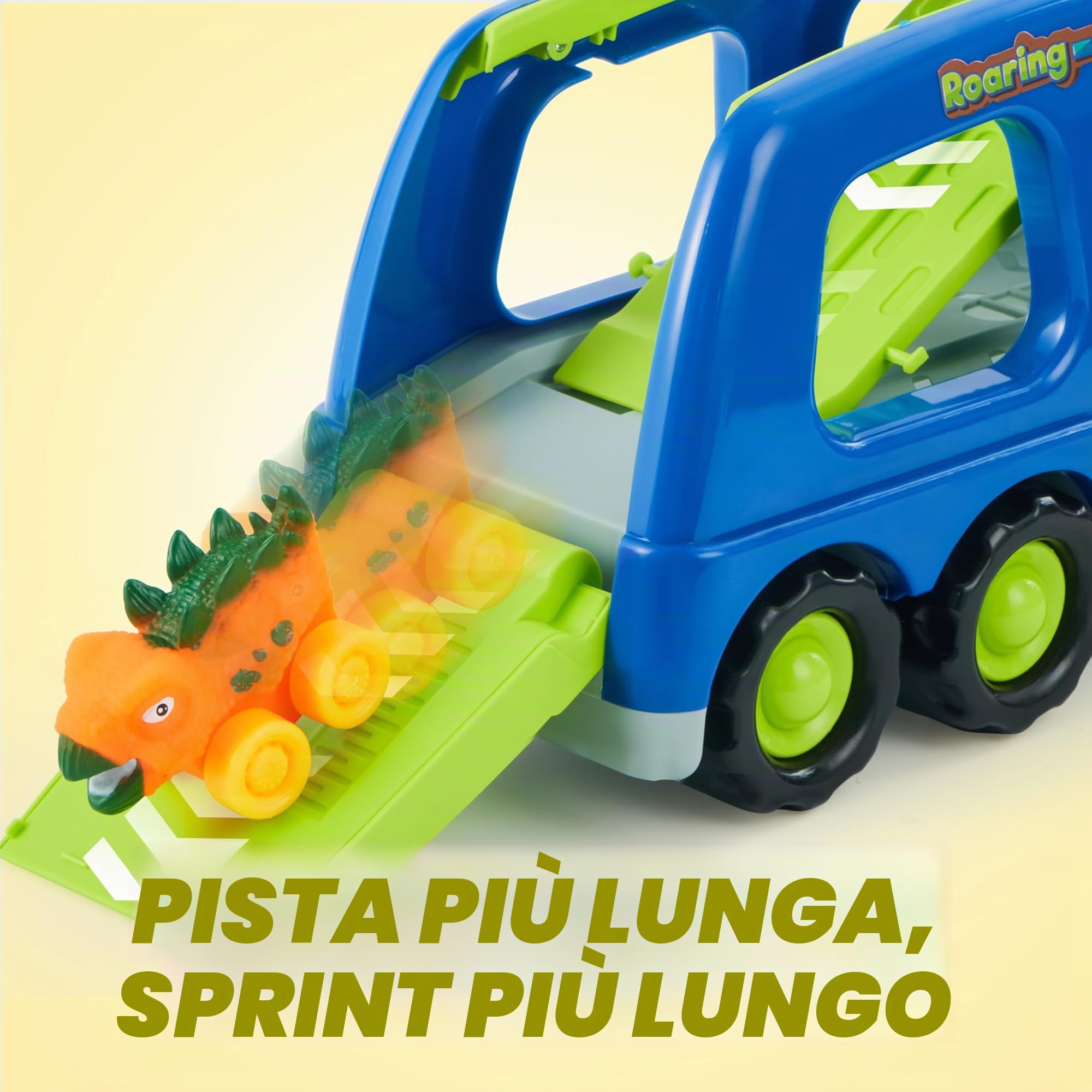 JOYIN Mini Camion Trasportatore di Dinosauri con 6 veicoli Giocattolo in Gomma Morbida, con Musica e Suono Forte, Luci Lampeggianti, Regali per Ragazzi e Ragazze dai 2 anni in su(Blu)