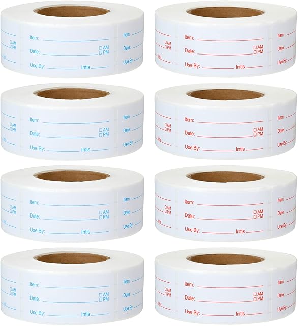 JMIATRY 8 Rolls 4000 Pieces Removable Food Labels, 1 x 2 Inch Food Labels Stickers, Freezer Labels Food Storage Labels Prep Canning Labels for Meal Containers and Jars, Red and Blue