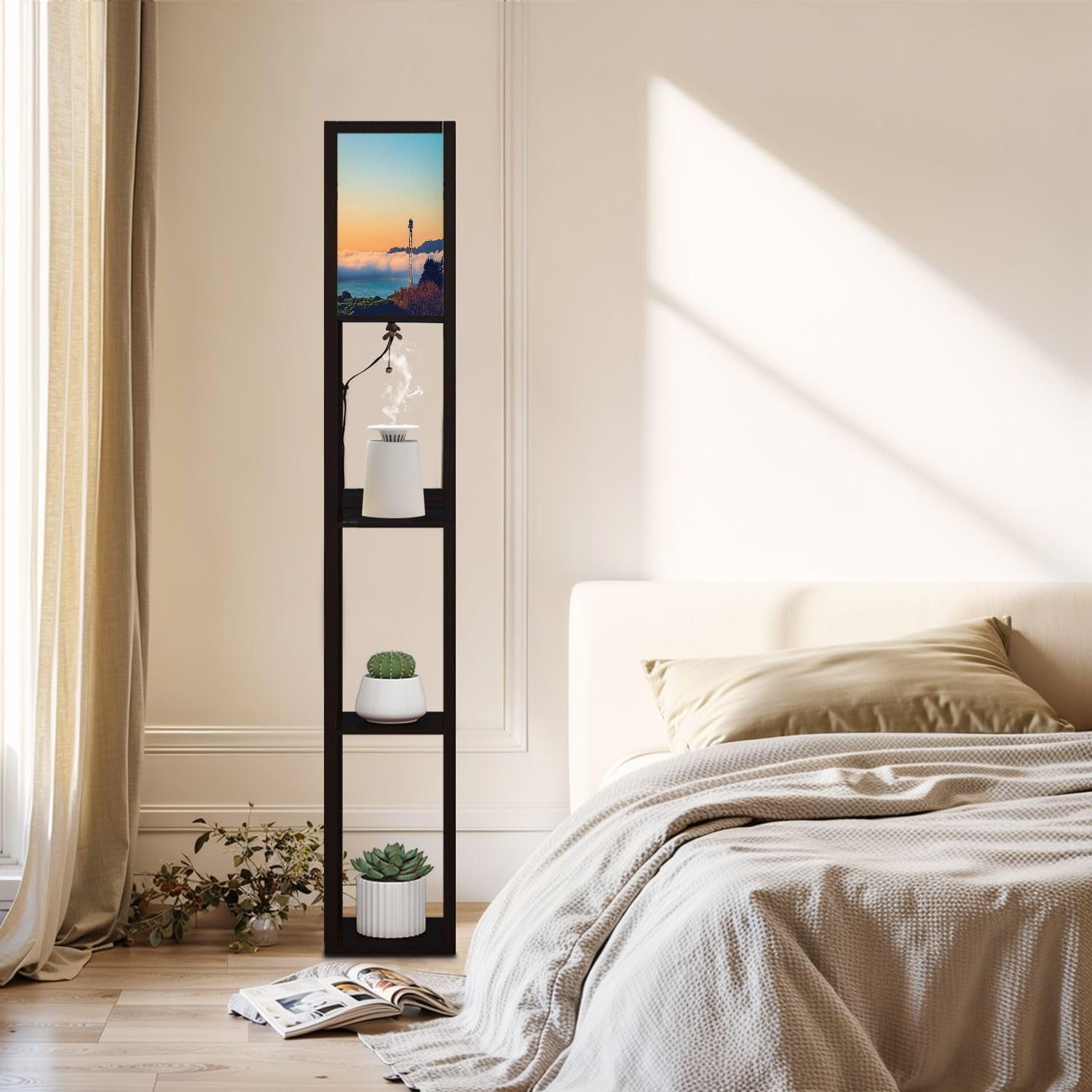 Floor Lamp with Shelves Tower San Francisco Sunrise Early Morning Blankets Standing Tall Lamp USB Ports & Power Outlet Modern Corner Lamp Nightstand Light for Living Room Bedroom
