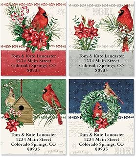 Cardinal Holiday Greeting Personalized Return Address Labels by Danielle Murray - Set of 144 (4 Designs), Self-Adhesive, Large Flat-Sheet Select Labels