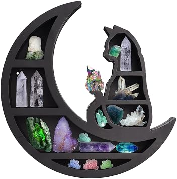 Cat on The Moon Wooden Shelf for Crystals, 14Inch Black Wall Mounted Moon Crystals Display Shelf, Crescents Moon Phase Shelf for Crystals Stone,Essential Oil,Small Plant Art,Gothic Witchy Home Decor