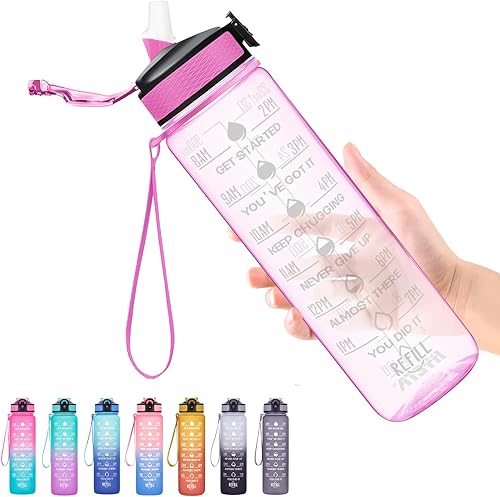 Miniatura 32 de Hyeta - Botellas de agua de 32 onzas con tiempos para beber y sorbete, botella de agua motivacional con marcador de tiempo, a prueba de fugas, Verde