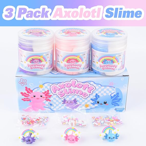 3 Packs Axolotl Cloud Slime with Pink, Blue and Purple Axolotl Charms, Scented Cloud Slime Party Favor for Girls & Boys, Super Soft, Birthday Gifts, Goodie Bag Stuffers, Classroom Rewards for Kids