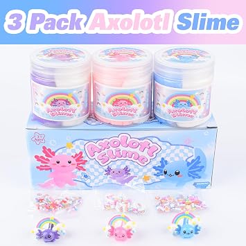 3 Packs Axolotl Cloud Slime with Pink, Blue and Purple Axolotl Charms, Scented Cloud Slime Party Favor for Girls & Boys, Super Soft, Birthday Gifts, Goodie Bag Stuffers, Classroom Rewards for Kids