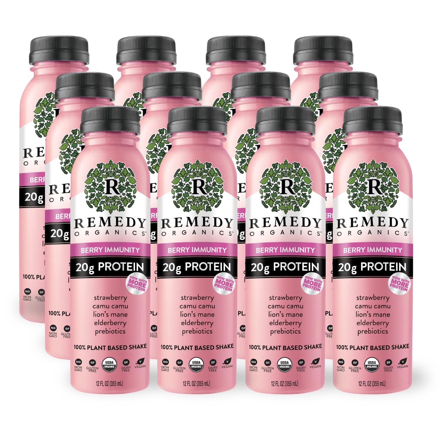Remedy Organics Berry Immunity 12-Pack | Plant Based 20g Protein Shakes, Ready to Drink | USDA Organic, Gluten Free, Dairy Free, Soy Free