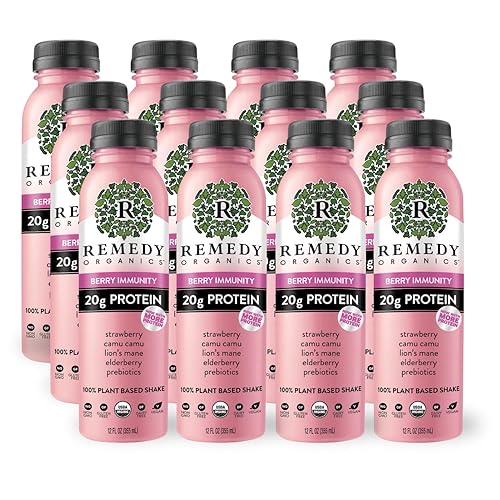 Remedy Organics Berry Immunity - Paquete de 12 batidos de proteínas a base de plantas, listos para beber, orgánicos USDA, sin gluten, sin lácteos,