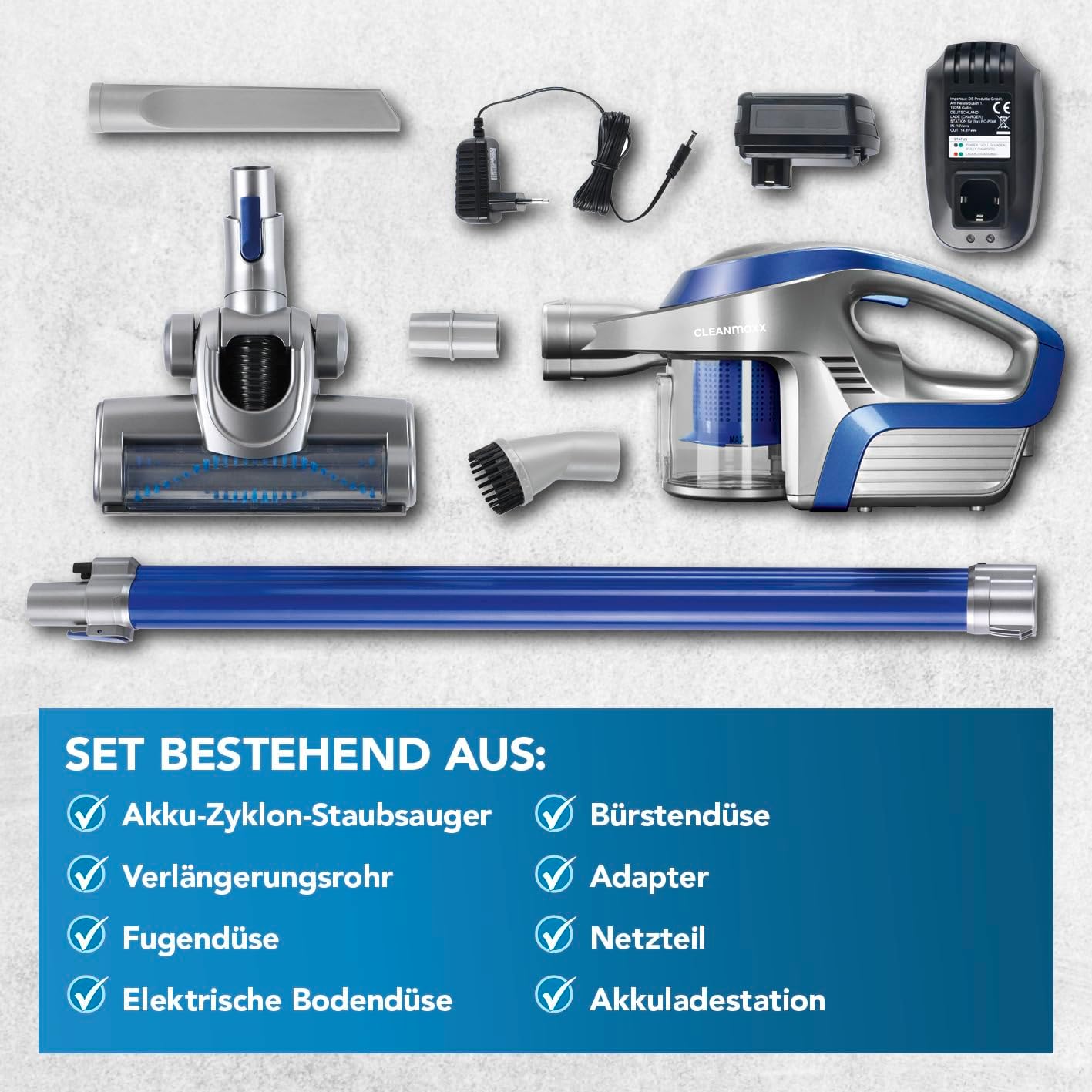 All components of the CLEANmaxx vacuum cleaner laid out