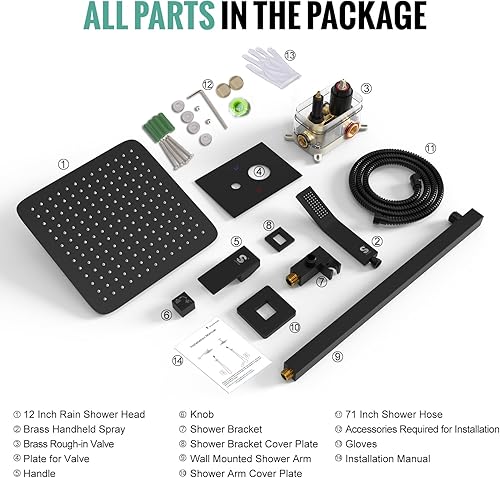 Miniatura 9 de SR SUN RISE Sistema de ducha negro mate de 12 pulgadas, latón de 12 pulgadas, mezclador de lluvia de lujo, conjunto combinado de ducha montado