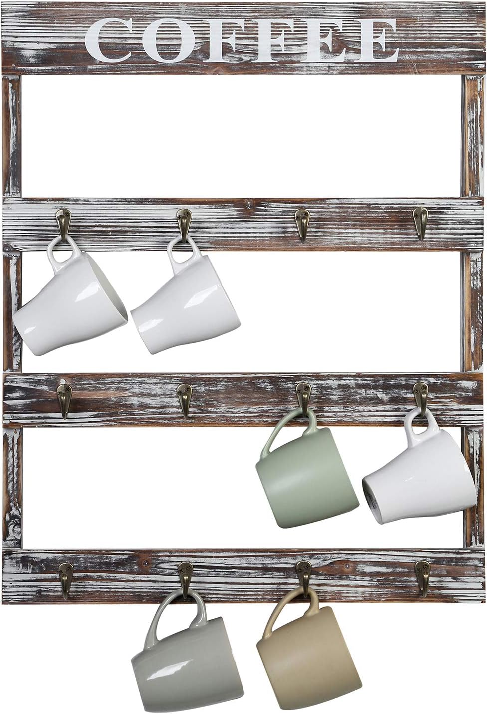 Suреr Sаlе 🛒 MyGift 12-Hook Rustic Torched Wood Wall Mounted Coffee Mug Rack, Teacup Cafe Mugs Display Hooks