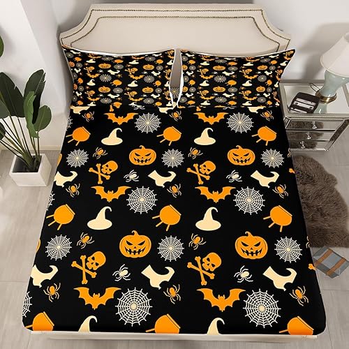 Vista 163 de Juego de sábanas bajeras con bonito diseño de gato negro para niños y niñas, diseño de dibujos animados de Halloween, gato, animales, sábanas