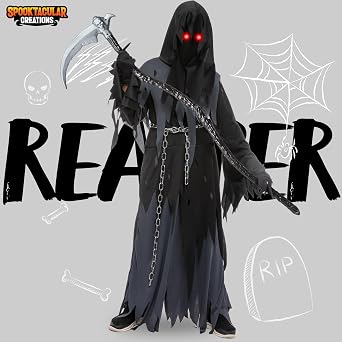Spooktacular Creations Glowing Eyes Grim Reaper Costume for Kids, Scary Halloween Costume for Boys