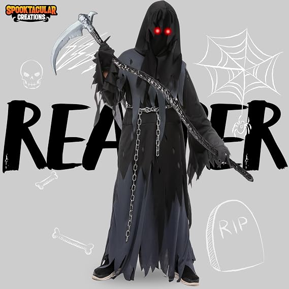 Spooktacular Creations Glowing Eyes Grim Reaper Costume for Kids, Scary Halloween Costume for Boys