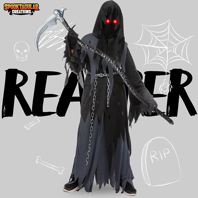 Foto 2 de 7 de Spooktacular Creations Disfraz de Halloween para niño Disfraz de la Parca del Caballero Oscuro Medio (8-10…