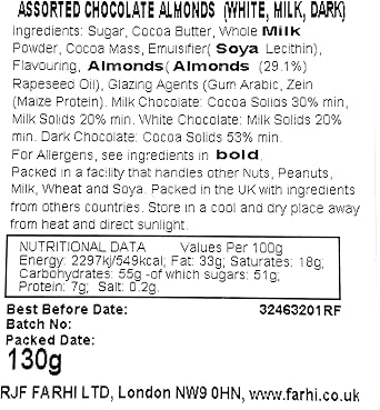 Rita Farhi Milk, White and Dark Chocolate Covered Almonds in a Hand Made Papier Machè Bonbonnière - Luxury Chocolate Gift Box - 130 g - Blue - New Palm Oil Free Recipe