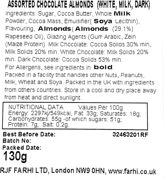 Rita Farhi Milk, White and Dark Chocolate Covered Almonds in a Hand Made Papier Machè Bonbonnière - Luxury Chocolate Gift Box - 130 g - Blue - New Palm Oil Free Recipe