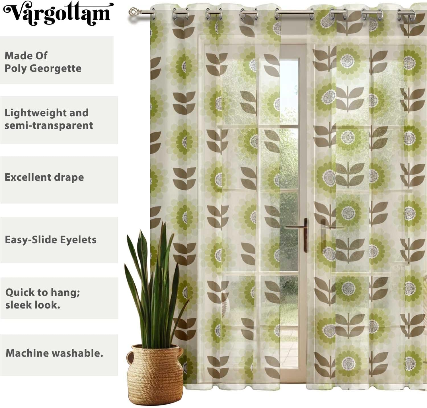 Flower Print Sheer Curtains for Short Windows - Set of 2 Panels, 63", Grommet Top, Printed Georgette, Light Filtering Drapes for Kitchen or Bedroom
