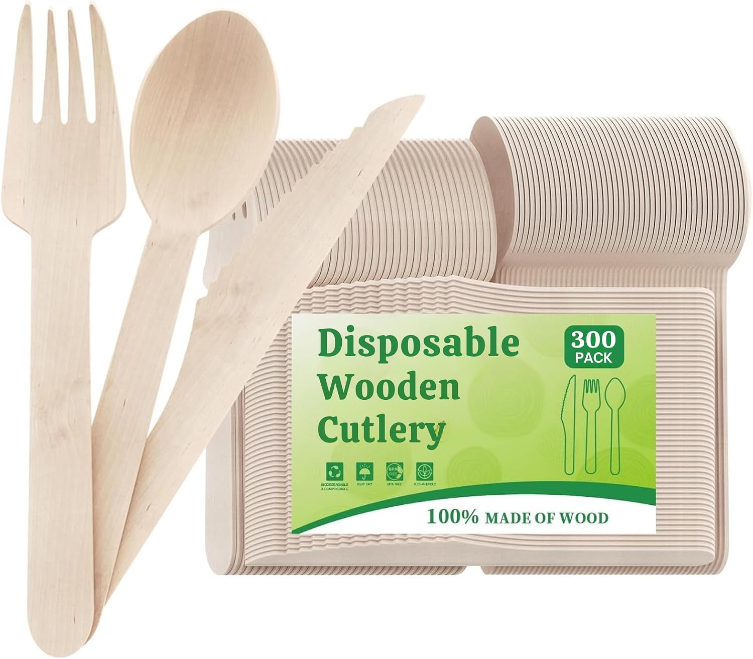 300 PCS Wooden Cutlery Set...