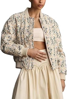 Shiyifa Women's Embroidered Daisy Cropped Bomber Jacket - Quilted Puffer Long Sleeve Casual Outerwear