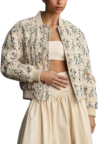 Women's Embroidered Daisy Cropped Bomber Jacket Long Sleeve Quilted Puffer Jackets Padded Coat Outerwear