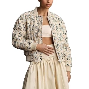 Shiyifa Womens Embroidered Daisy Cropped Bomber Jacket Long Sleeve Quilted Puffer Jackets Padded Coat Outerwear