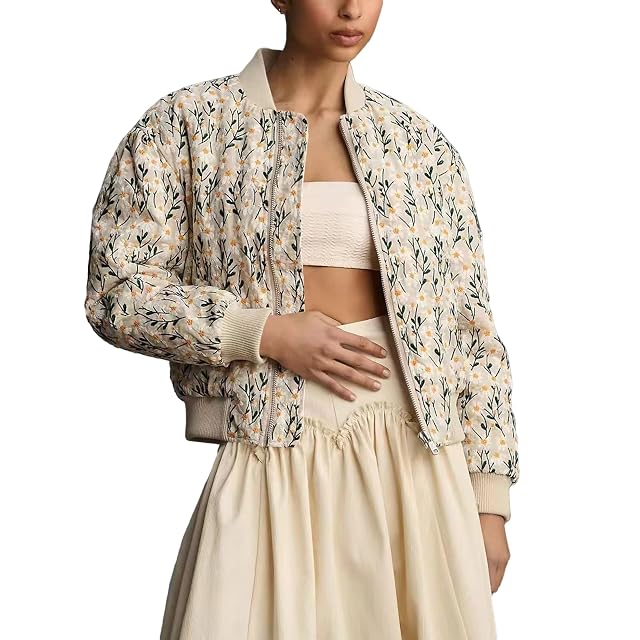 Shiyifa Womens Embroidered Daisy Cropped Bomber Jacket Long Sleeve Quilted Puffer Jackets Padded Coat Outerwear