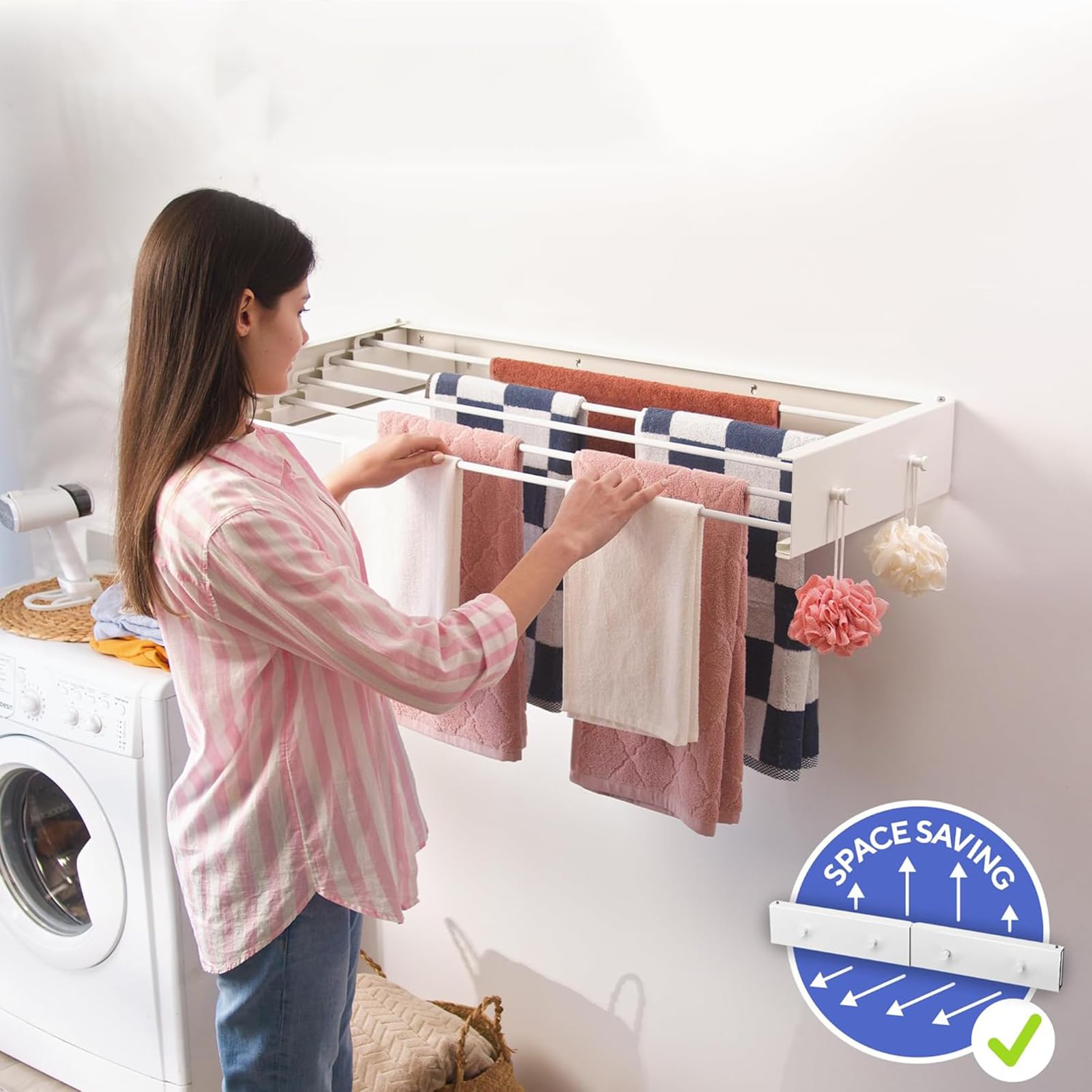 Wandmontage Wäschetrockner Klappbar, 5 Aluminiumstangen | Mit 4 Haken, Platzsparender Wandtrockner Für Badezimmer Und Balkon, Bis Zu 60 Lbs Tragkraft,