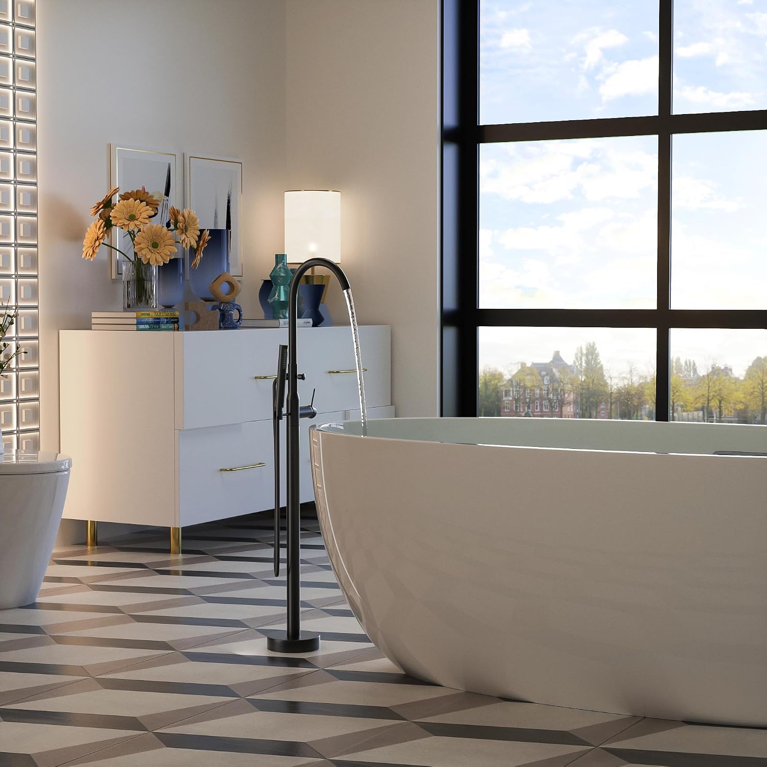 Freestanding Tub Filler Bathtub Faucet Waterfall Floor Mount Single Handle Brass Bathroom Faucets with Handheld Shower (Matte Black)