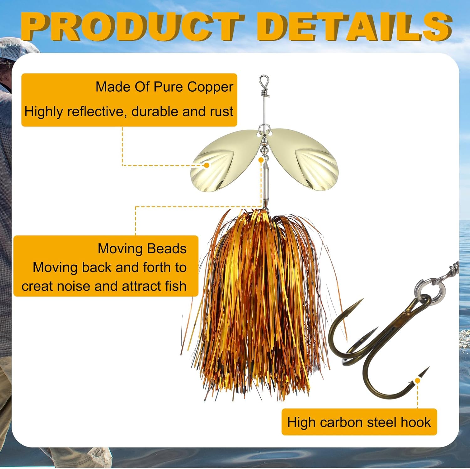 3 Pcs 9 Inch Fishing Lure Spinner Bait Large Musky Spinner Baits for Bass Pike, Steel Treble Hooks, Double Brass Blades, Hard Metal
