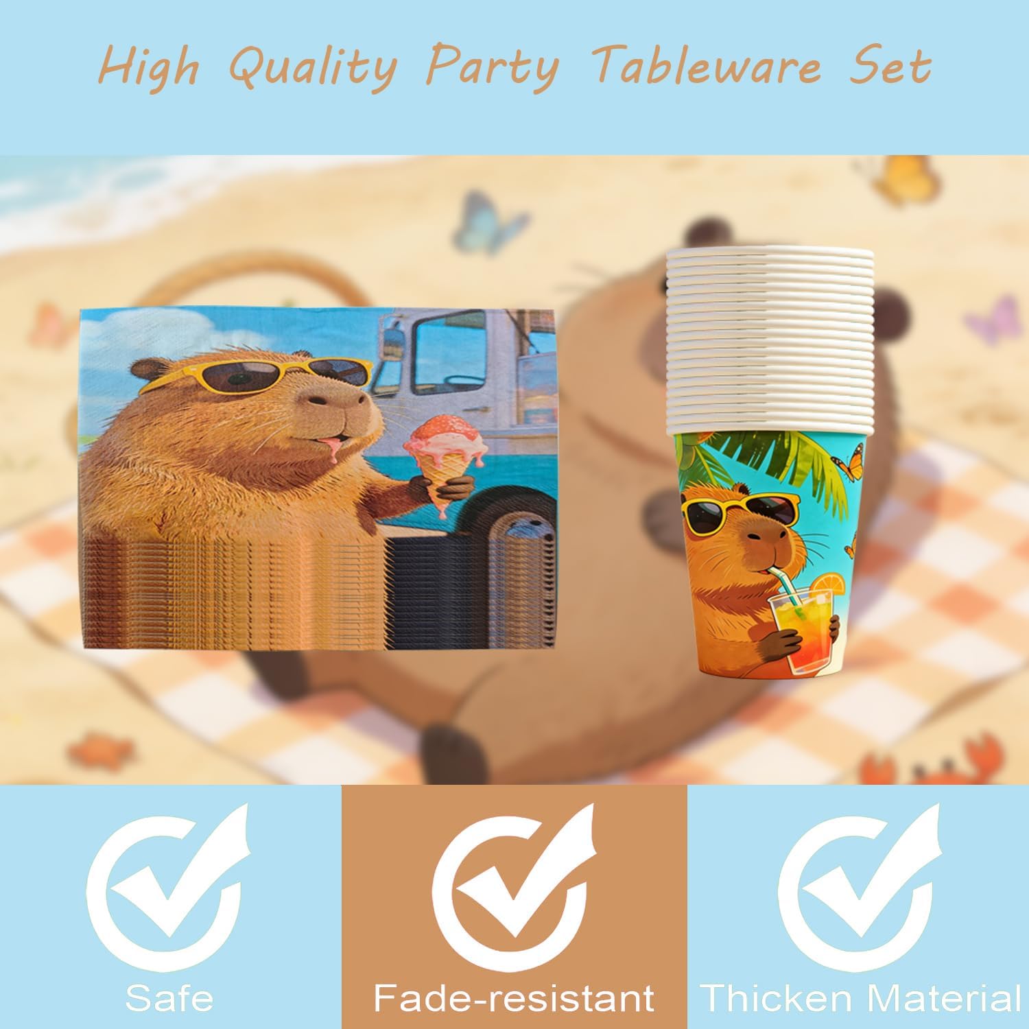 141Pcs Capybara Paper Plates Capy Party Supplies Summer Party Decorations Cute Animals Tableware Set