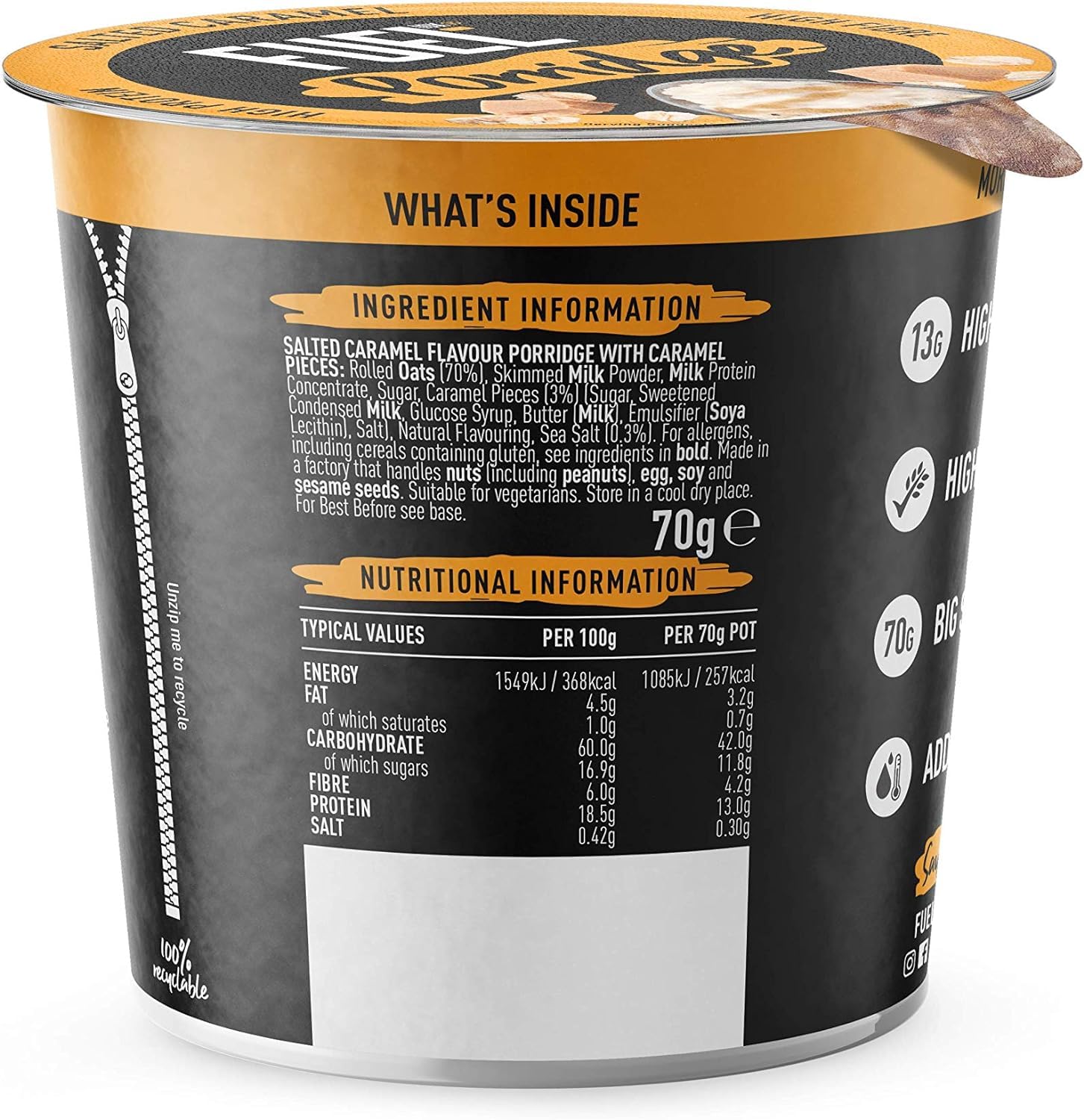 FUEL10K Porridge Pots, Salted Caramel, 8 x 70g, High Protein, High Fiber Breakfast Cereal