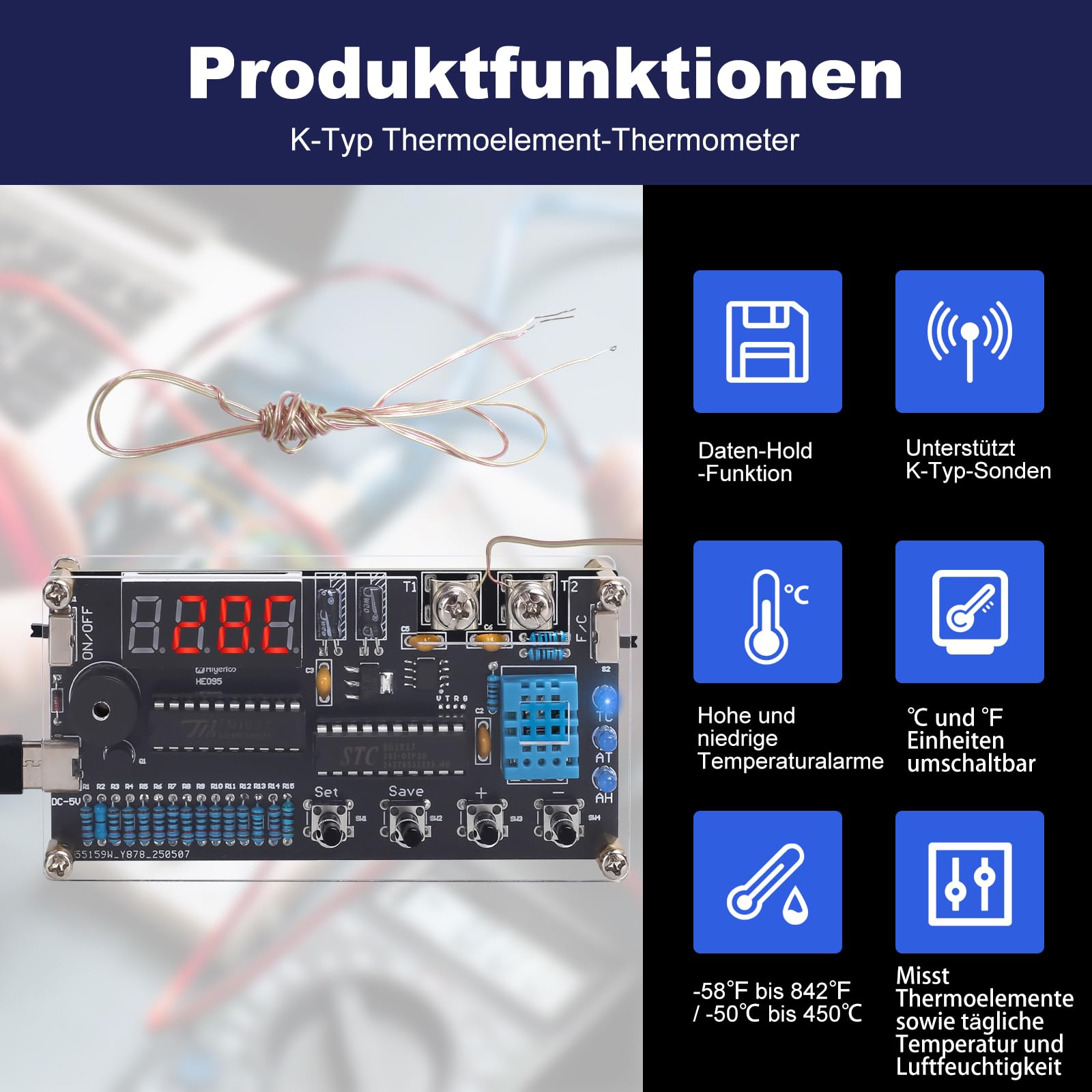 Thermomètre hygromètre à souder DIY DC 4,5 V-5 V -50 ℃ ~ 450 ℃ thermocouple numérique de type K Mini thermo-hygromètre électronique Kit de construction pour bureau, garage ou serre formation